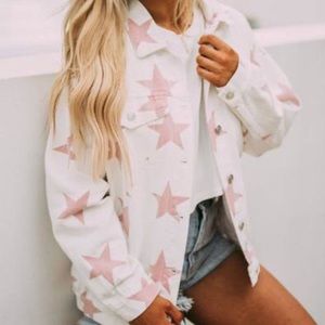 Oversized White & Pink Star Denim Jacket